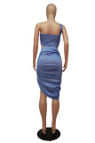 Sky Blue Fashion Sexy Solid Backless Asymmetrical One Shoulder Sleeveless Two Pieces