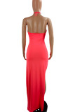 Red Sexy Solid Patchwork High Opening Halter Straight Dresses
