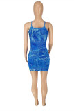 Blue Fashion Sexy Print Backless Fold Spaghetti Strap Sleeveless Dress