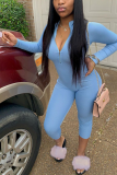 Blue Street Solid Split Joint Mandarin Collar Skinny Jumpsuits