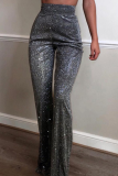 Black Casual Patchwork Sequins Straight High Waist Wide Leg Solid Color Bottoms