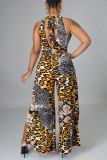 Leopard Print Fashion Sexy Print Hollowed Out Slit Without Belt O Neck Regular Jumpsuits