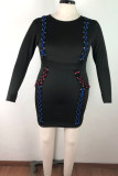 Black Nylon Fashion adult Ma'am Sweet O Neck Patchwork Solid Stitching Plus Size 