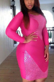 Pink Street Solid Sequins O Neck Wrapped Skirt Dresses