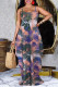 Purple Sweet Print Patchwork Spaghetti Strap Pleated Dresses