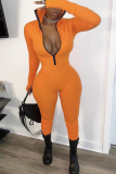 Tangerine Red Sexy Solid Split Joint Turtleneck Skinny Jumpsuits