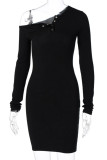 Green Sexy Solid Buckle Oblique Collar The MIDI Dress Dresses