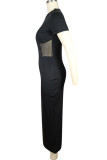 Red Fashion Sexy adult Ma'am Cap Sleeve Short Sleeves O neck Step Skirt Mid-Calf Patchwork Mesh Solid Dresses