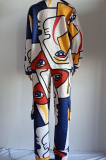 Multicolor Casual Print Patchwork Turndown Collar Long Sleeve Two Pieces