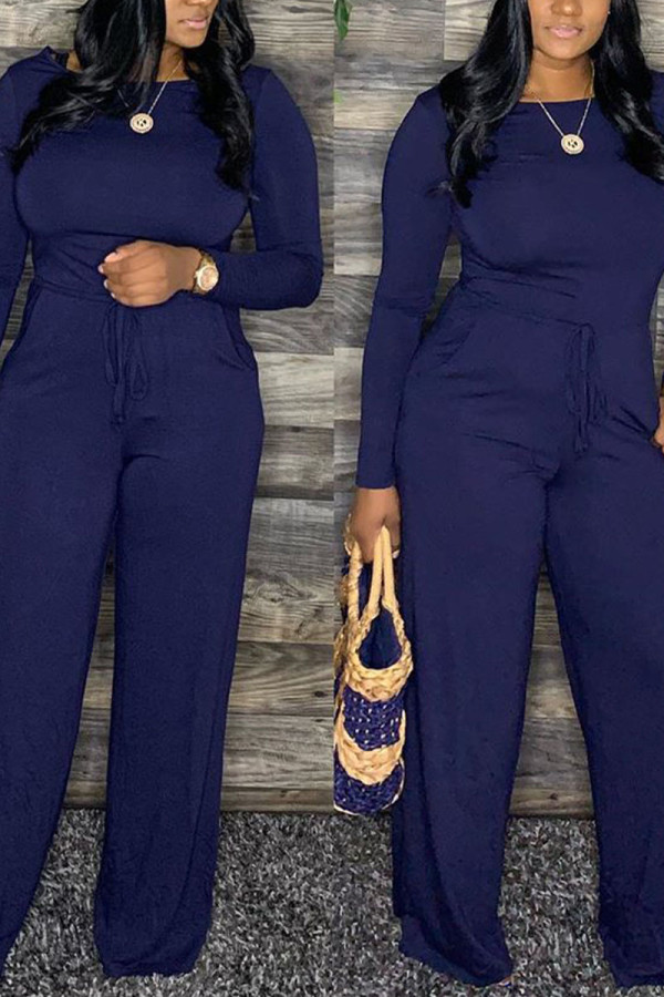 Blue Sexy Solid Frenulum O Neck Straight Jumpsuits