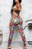 Multi-color Sexy Print Hollowed Out Patchwork Halter Sleeveless Two Pieces