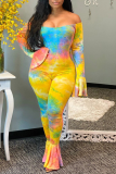 Multicolor Casual Patchwork Tie-dye Bateau Neck Boot Cut Jumpsuits