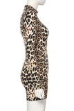 Brown Fashion street Leopard grain Long Sleeve O Neck Jumpsuits