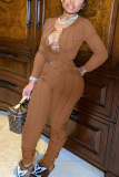 Brown Street Patchwork Hollowed Out See-through O Neck Long Sleeve Two Pieces