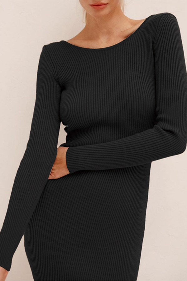 Black Sexy Solid Chains Backless Boat Neck Straight Dresses
