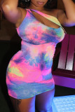 Pink Fashion Sexy Print Tie Dye Hollowed Out Backless One Shoulder Sleeveless Dress
