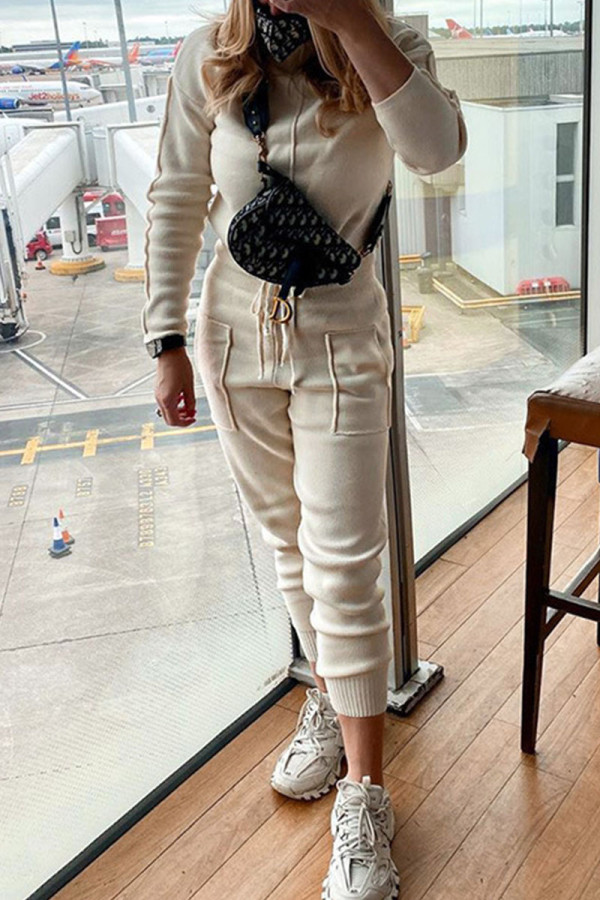 Apricot Casual Solid Patchwork O Neck Long Sleeve Two Pieces