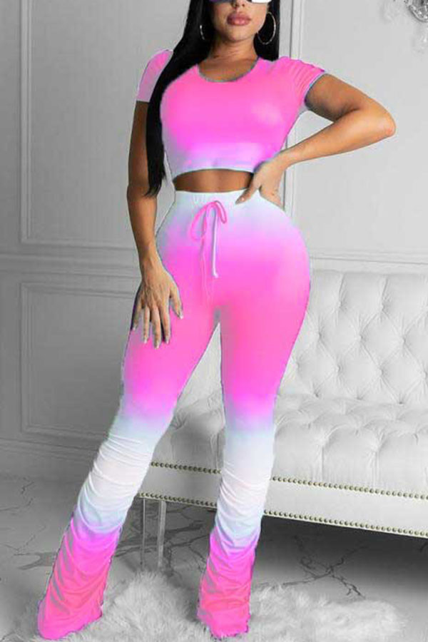 Pink Fashion Sexy adult Ma'am Print Draped Gradient Two Piece Suits Straight Short Sleeve Two Pieces