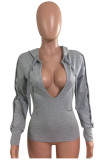 Grey Street Solid Patchwork Hooded Collar Mid Waist Tops