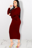 Black Sexy Two Piece Suits Solid Patchwork pencil Long Sleeve Two-Piece Dress