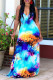 Blue Fashion Sexy Print Backless Spaghetti Strap Long Dress