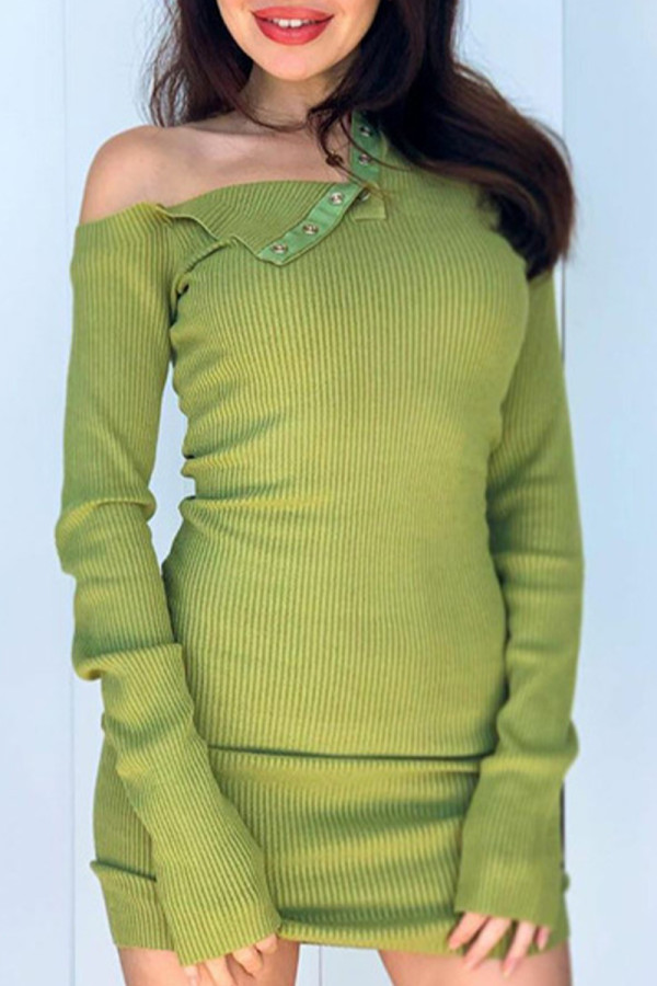 Green Sexy Solid Buckle Oblique Collar The MIDI Dress Dresses