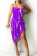 Purple Celebrities Print Patchwork Draw String Fold Spaghetti Strap Irregular Dress Dresses