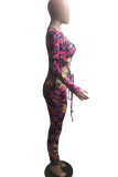 Pink Sexy Casual Print Bandage Hollowed Out Regular Jumpsuits