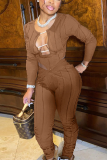 Brown Street Patchwork Hollowed Out See-through O Neck Long Sleeve Two Pieces
