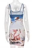 Blue Fashion Sexy Print Backless O Neck Sling Dress