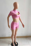 Pink Sexy Casual Solid Hollowed Out Half A Turtleneck Short Sleeve Two Pieces