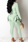 White Casual Solid Patchwork Flounce O Neck Long Sleeve Two Pieces