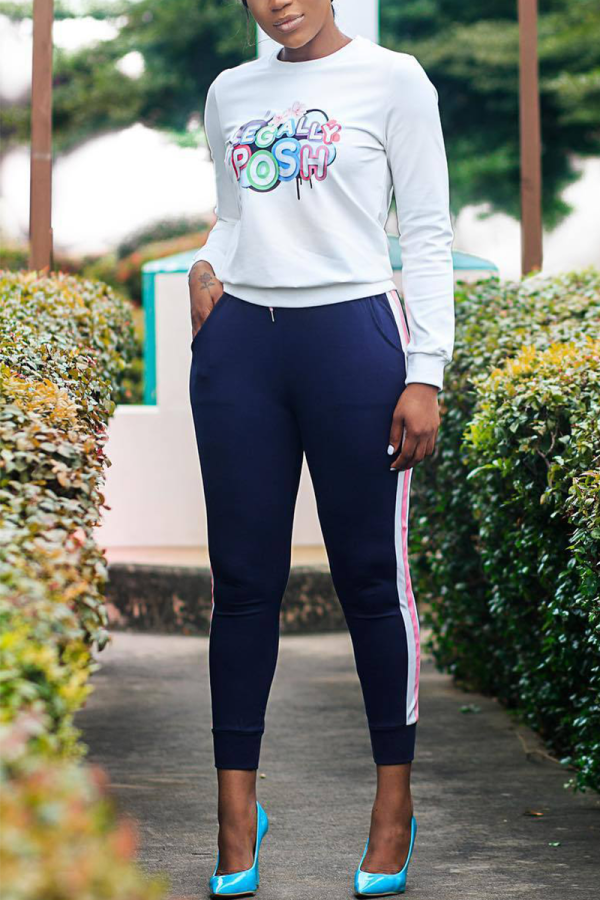 White Casual Print Letter O Neck Long Sleeve Two Pieces
