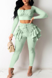 White Casual Solid Patchwork Flounce O Neck Long Sleeve Two Pieces