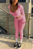Pink Fashion Casual Solid Bandage O Neck Long Sleeve Two Pieces