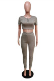 Grey Fashion Casual Solid Basic Zipper Collar Short Sleeve Two Pieces