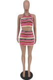 Red Sexy Casual Striped Print Bandage Backless Halter Sleeveless Two Pieces