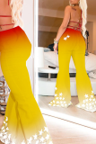 Yellow Sexy Gradual Change Hollowed Out Cold Shoulder Boot Cut Jumpsuits