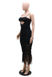 Black Sexy Solid Tassel Hollowed Out Backless Spaghetti Strap Sleeveless Dress