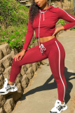 Red Casual Solid Draw String Hooded Collar Long Sleeve Two Pieces