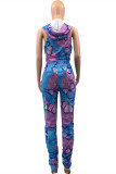 Blue Fashion Casual Butterfly Print Fold Hooded Collar Sleeveless Two Pieces