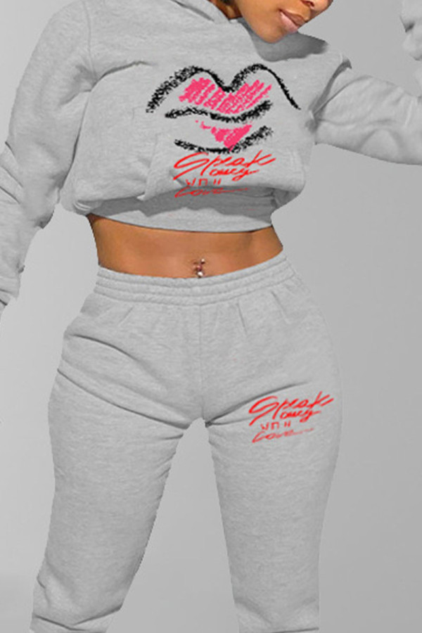 Grey Sportswear Print Embroidered Hooded Collar Tops