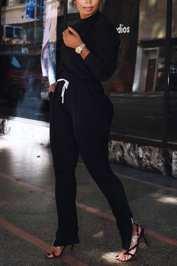 Black Casual Solid Draw String O Neck Long Sleeve Two Pieces