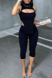 Red Fashion Sexy Solid Hollowed Out Asymmetrical Half A Turtleneck Sleeveless Two Pieces