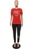 Red Sexy Print Patchwork O Neck Short Sleeve Two Pieces