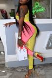 Yellow Fashion Sexy Patchwork Hollowed Out Backless One Shoulder Skinny Jumpsuits