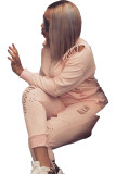 Pink venetian Sexy Two Piece Suits Burn-out Solid pencil Long Sleeve Two-piece Pants Set