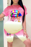 Blue Fashion Casual Gradual Change Lips Printed Basic O Neck Short Sleeve Two Pieces