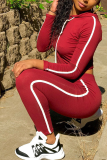 Red Casual Solid Draw String Hooded Collar Long Sleeve Two Pieces