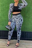 Black White Sexy Leopard Split Joint O Neck Long Sleeve Three Pieces